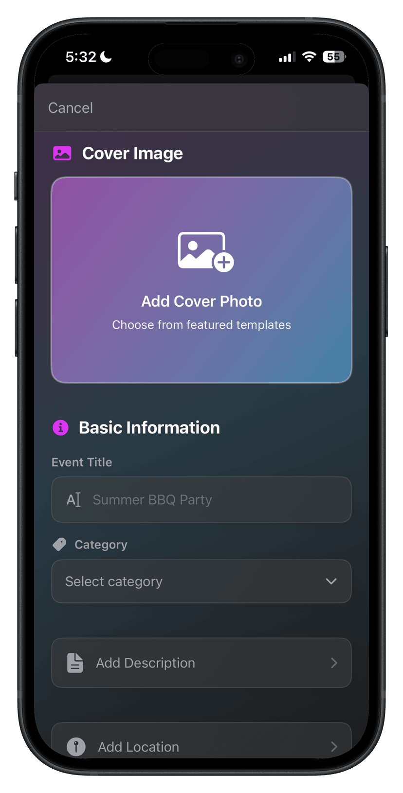 PopUp app event creation interface