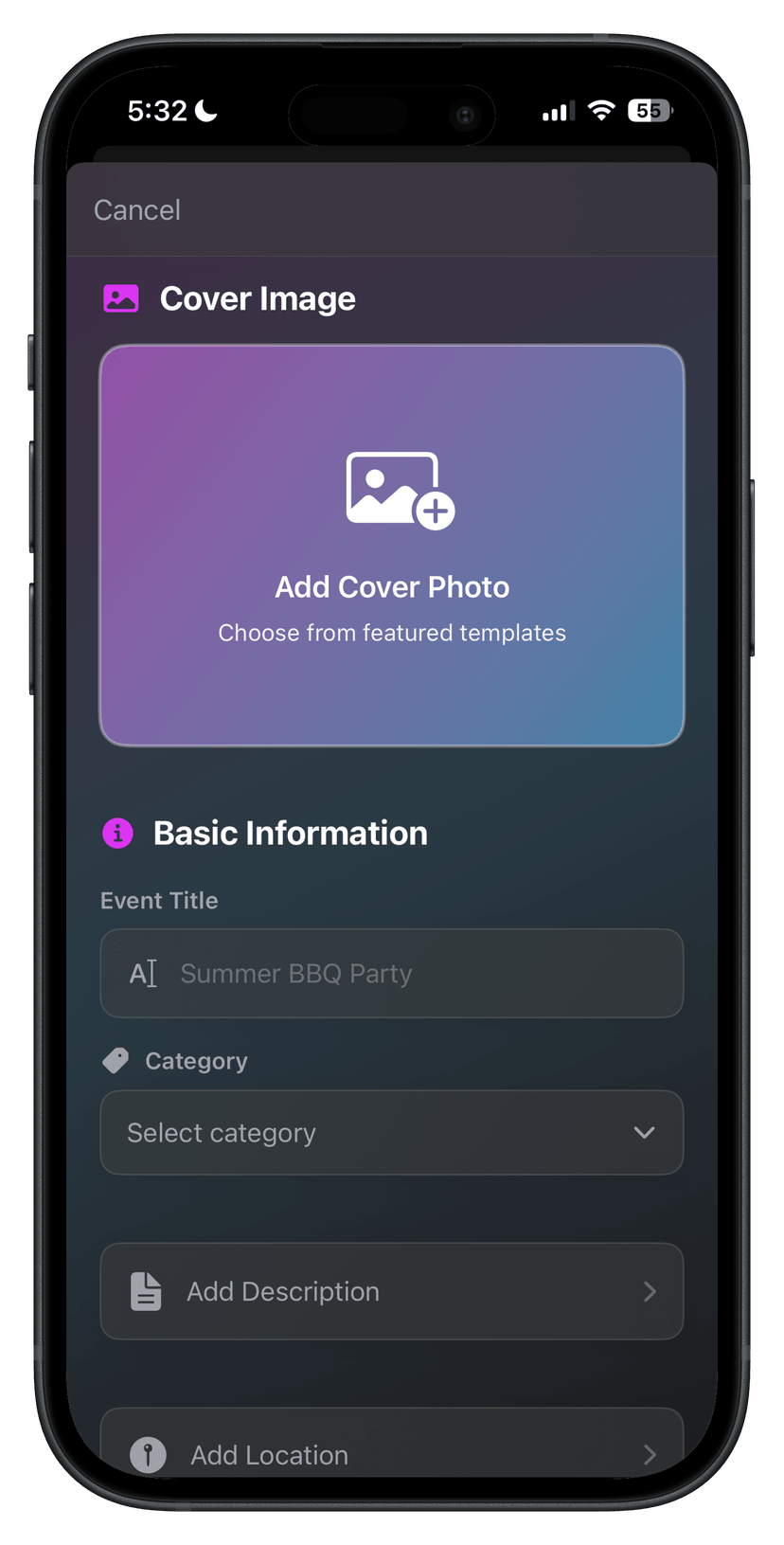 PopUp app event creation interface