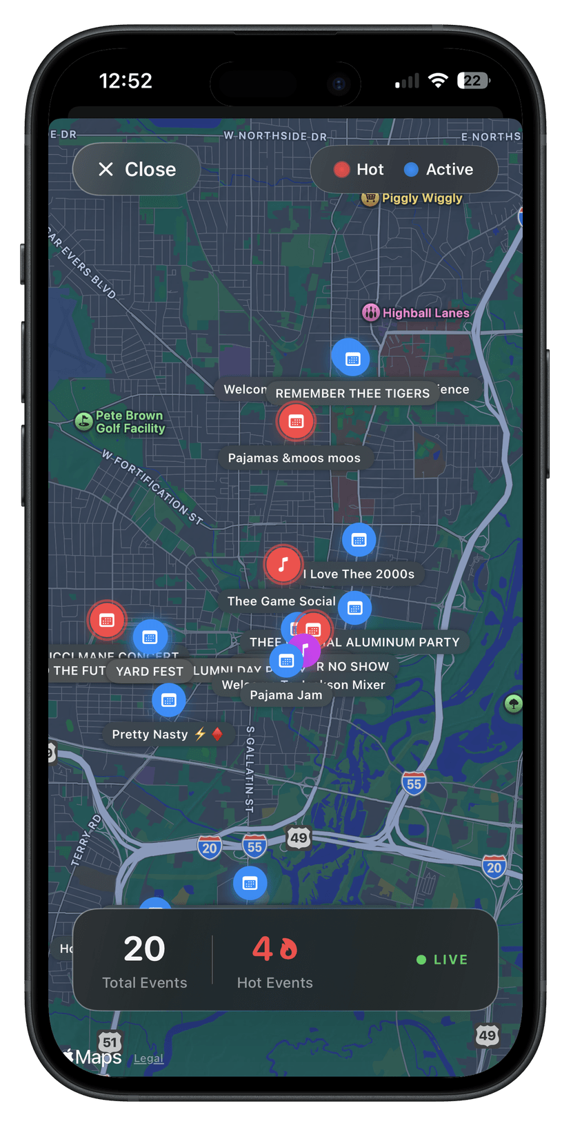 PopUp app map view with event locations